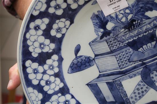 A large Chinese blue and white Antiques dish, 19th century, diameter 38cm